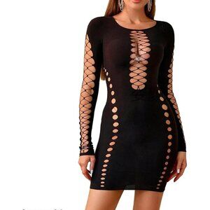 Women's Black Rhinestone Mesh Bodysuit Lingerie | Fishnet Teddy Sparkle Sexy
